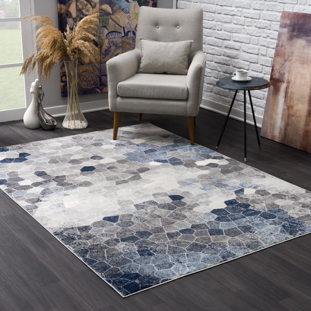 10' Blue and Ivory Geometric Cobblestone Runner Rug