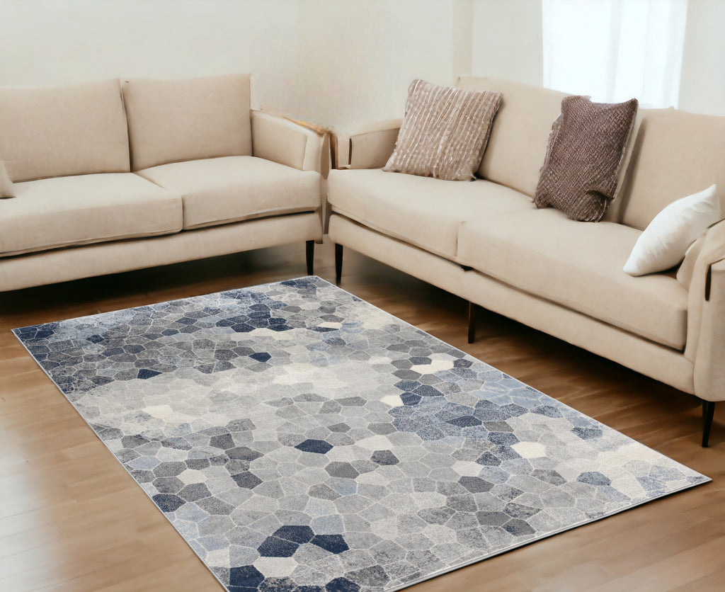 10' Blue and Ivory Geometric Cobblestone Runner Rug