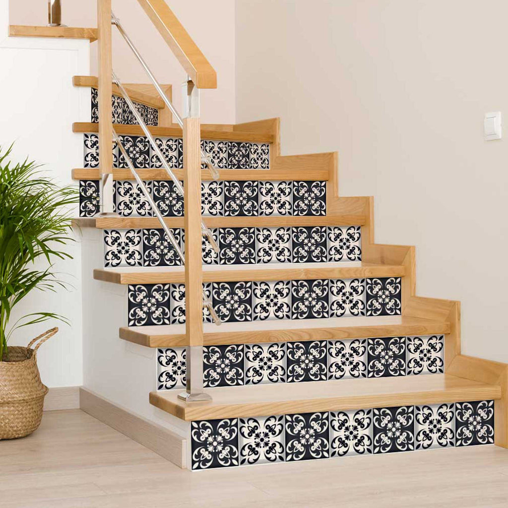 LuxxHomes  4" X 4" Black And White Quatro Peel And Stick Removable Tiles