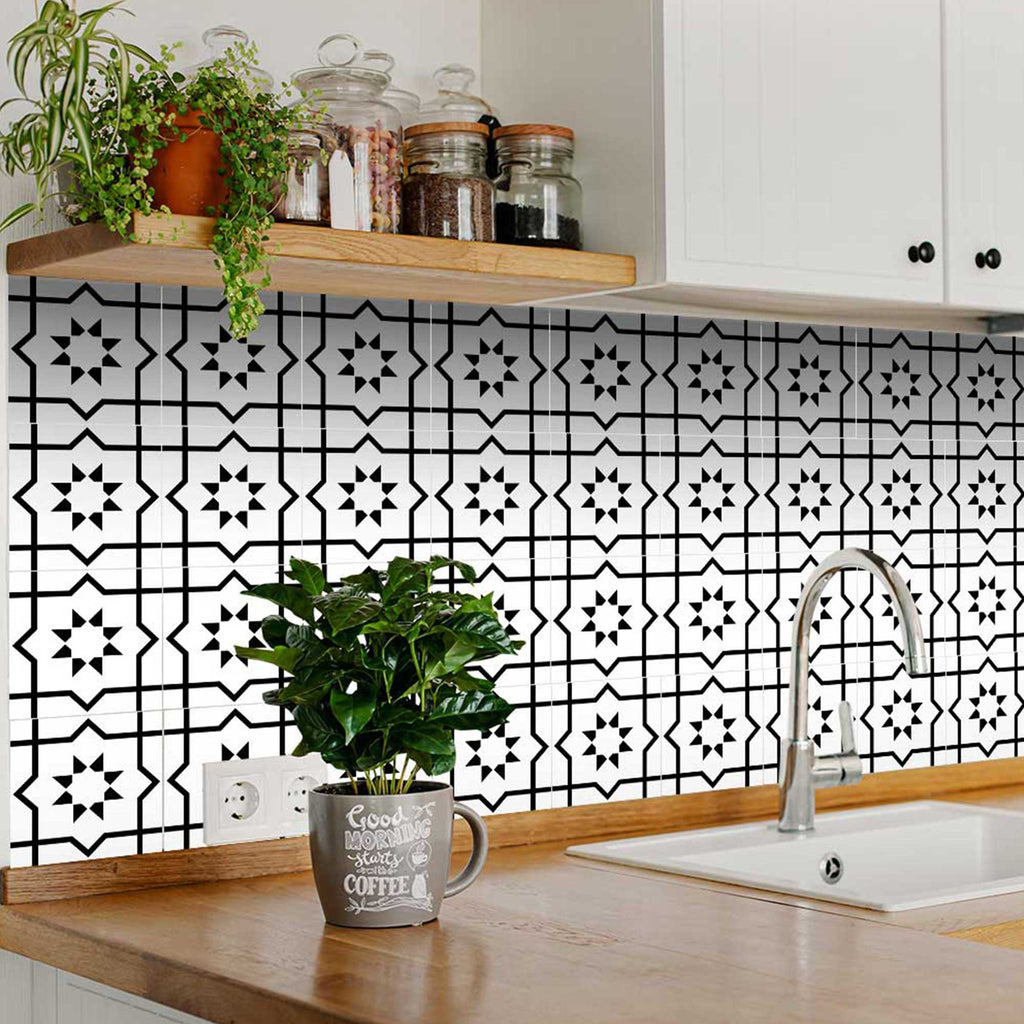 LuxxHomes  4" X 4" White And Black Sun Peel And Stick Removable Tiles