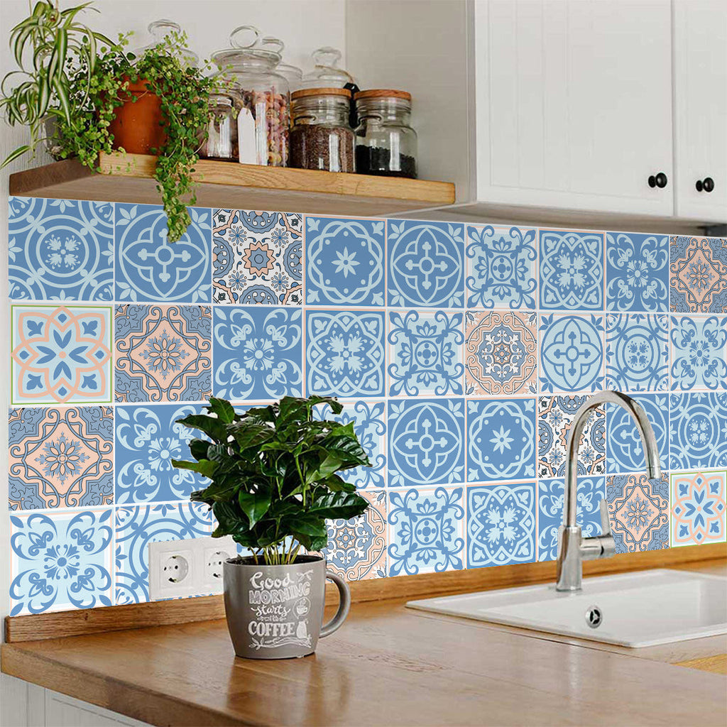 LuxxHomes  4" X 4" Ocean Blue Mosaic Peel And Stick Removable Tiles