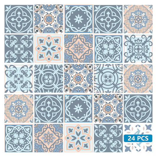 LuxxHomes  4" X 4" Baby Blue And Peach Mosaic Peel And Stick Removable Tiles