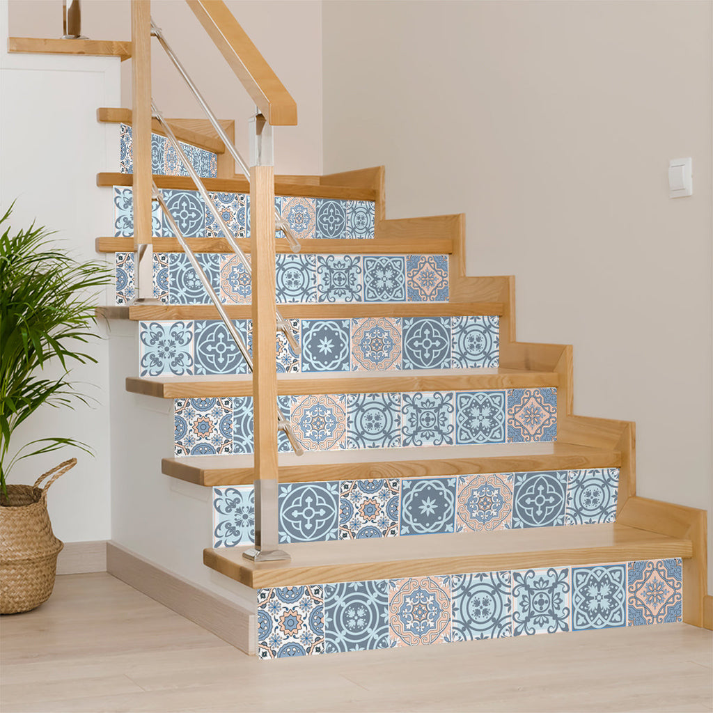 LuxxHomes  4" X 4" Baby Blue And Peach Mosaic Peel And Stick Removable Tiles