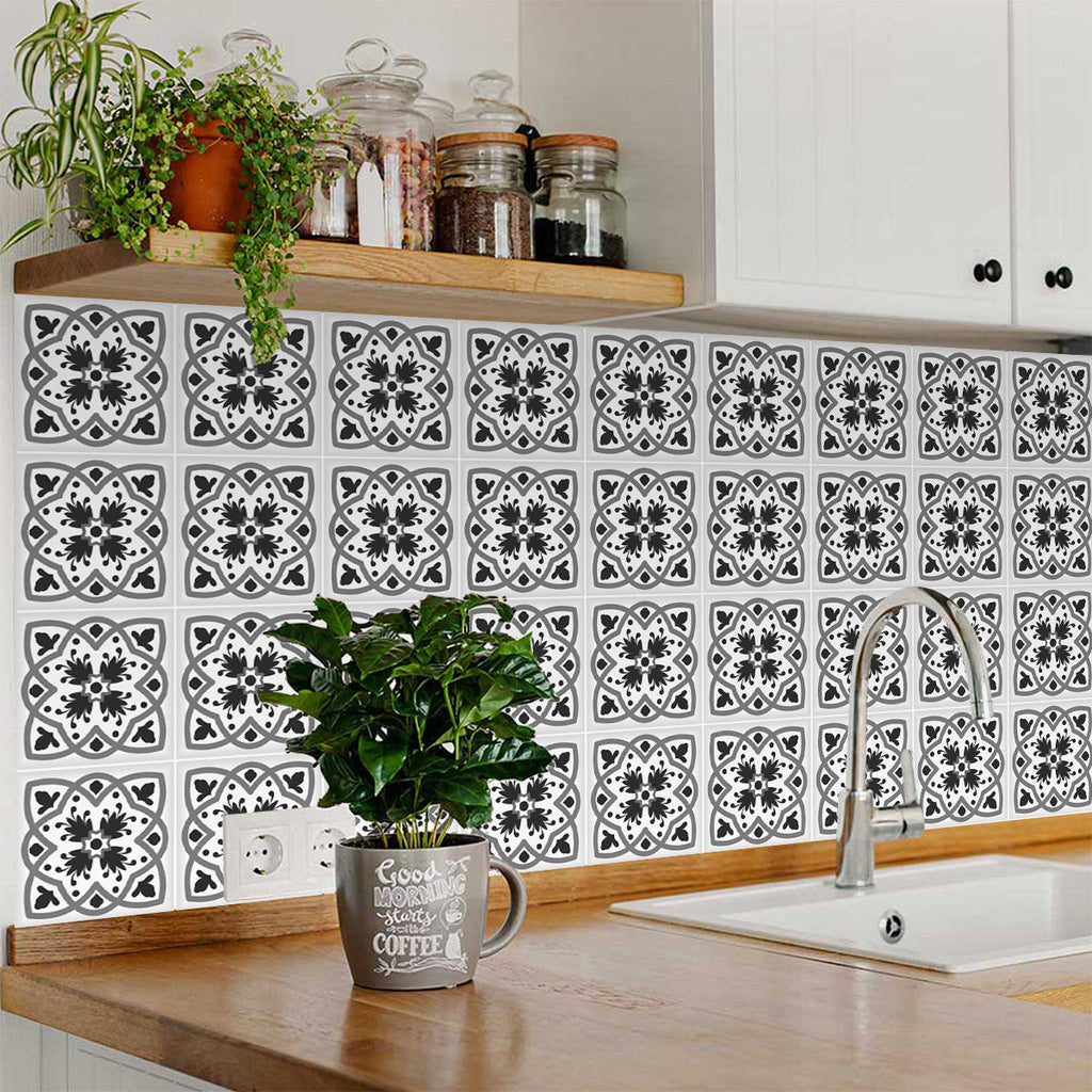 LuxxHomes  4" X 4" Charcoal And White Scroll Peel And Stick Removable Tiles