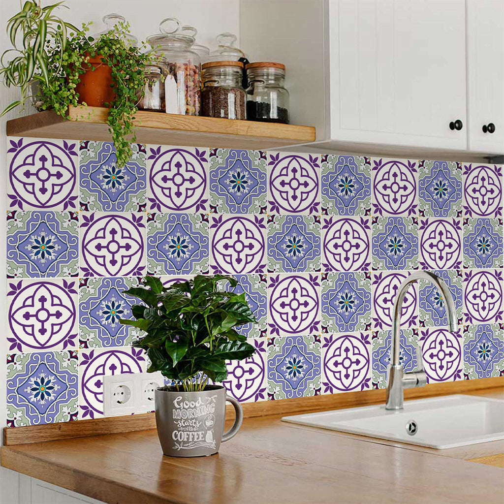 LuxxHomes  4" X 4" Vintage Purple And Taupe Mosaic Peel And Stick Removable Tiles