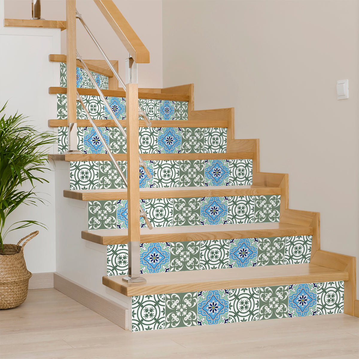 LuxxHomes  4" X 4" Sage And Aqua Floral Peel And Stick Removable Tiles