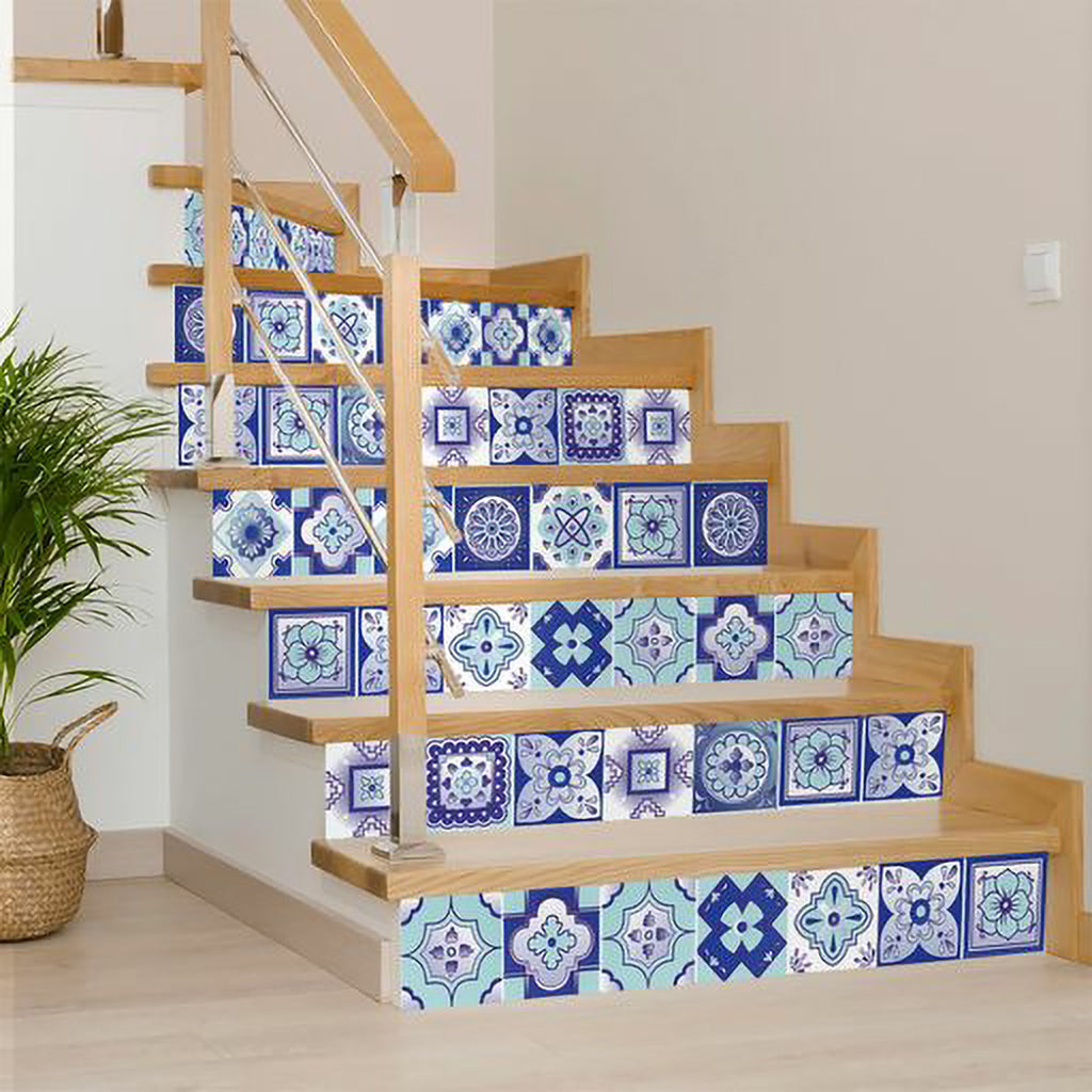 LuxxHomes  4" X 4" Vintage Turq Blue And White Peel And Stick Removable Tiles