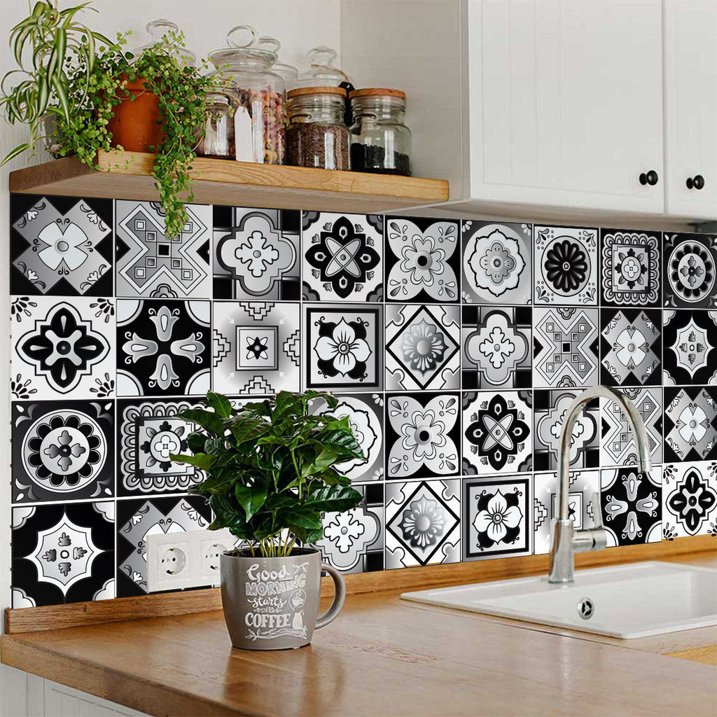 LuxxHomes  4" X 4" Black White And Gray Mosaic Peel And Stick Removable Tiles