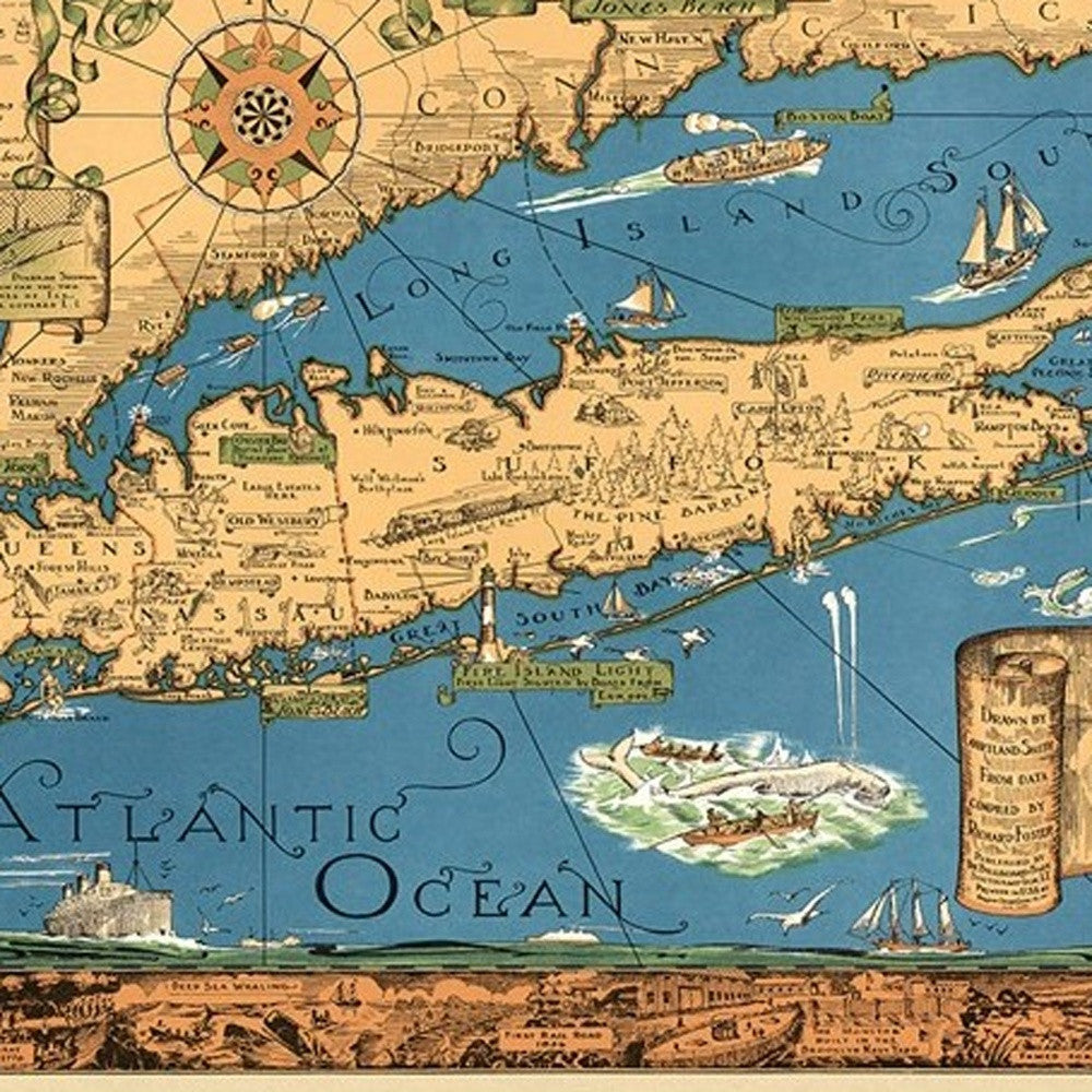 Vintage 1933 Map Of Long Island Unframed Print Wall Art