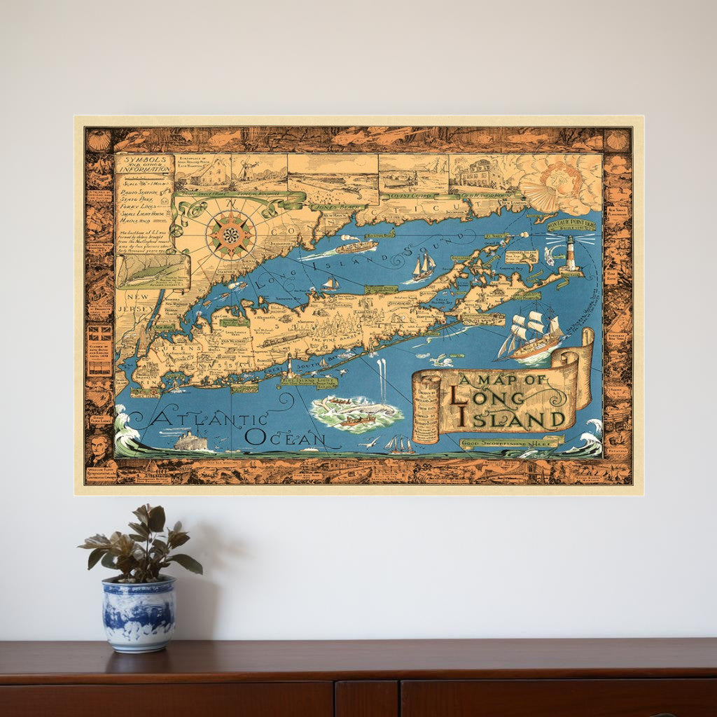 Vintage 1933 Map Of Long Island Unframed Print Wall Art