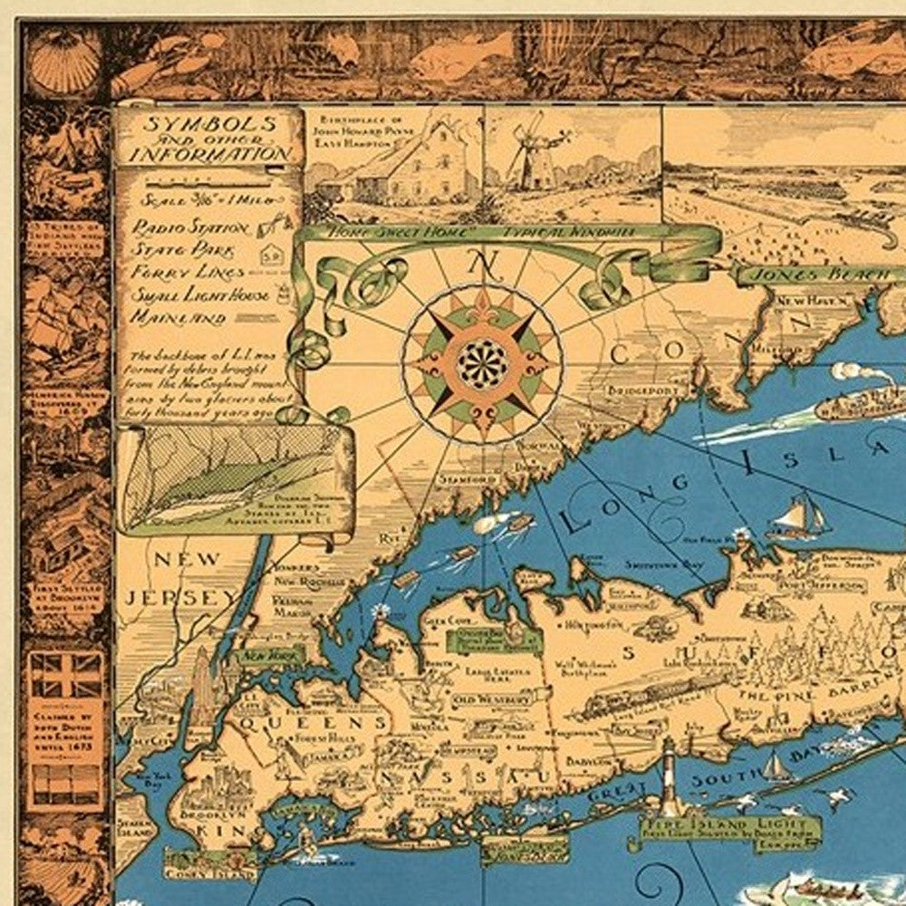 Vintage 1933 Map Of Long Island Unframed Print Wall Art