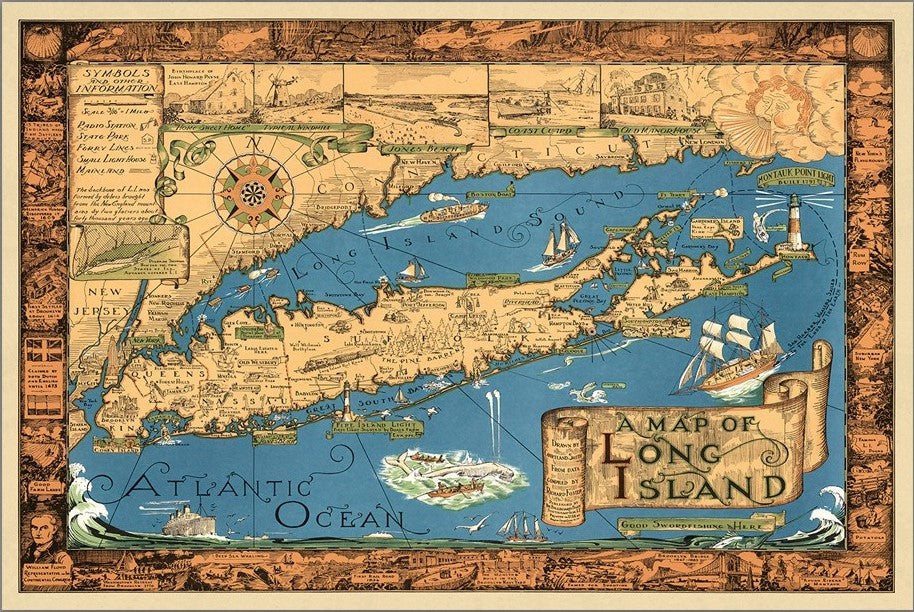 Vintage 1933 Map Of Long Island Unframed Print Wall Art