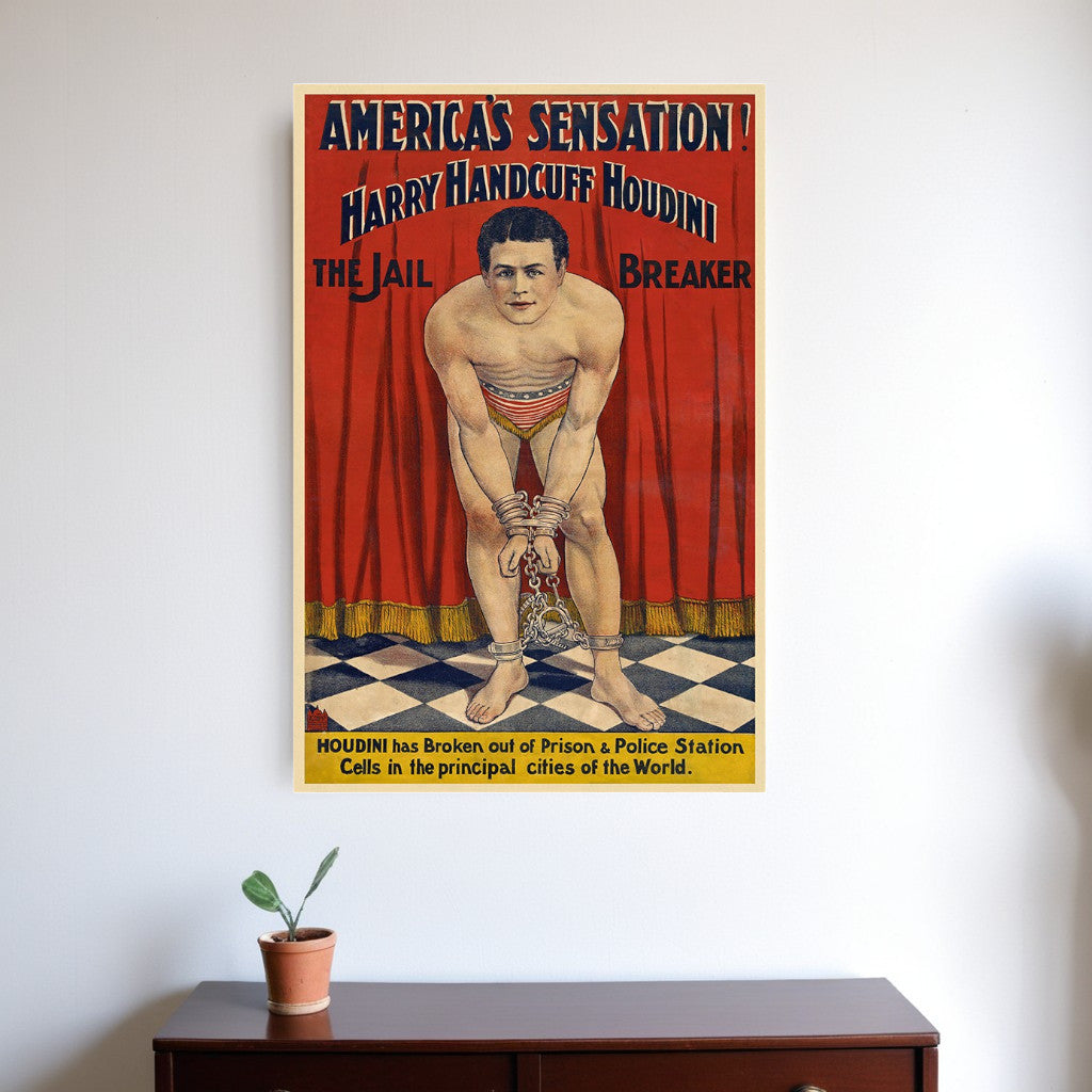 36" X 54" Houdini In Handcuffs Vintage Magic Poster Wall Art