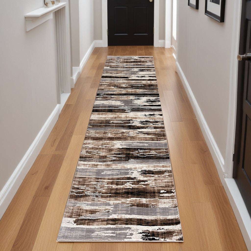 10' Beige Brown and Gray Abstract Runner Rug