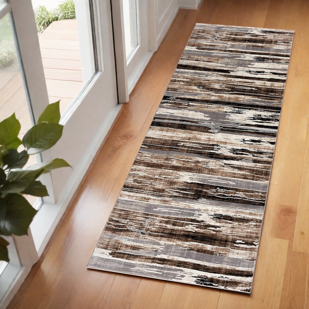 10' Beige Brown and Gray Abstract Runner Rug