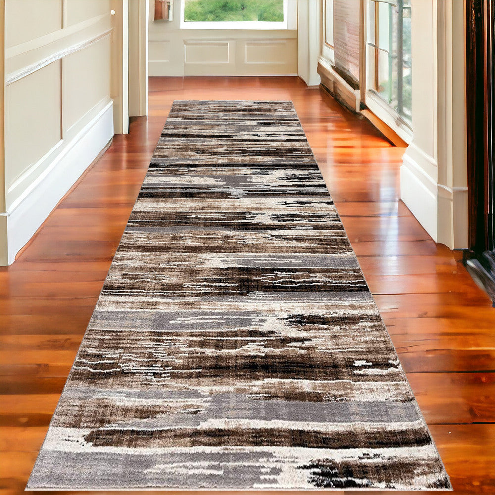 10' Beige Brown and Gray Abstract Runner Rug