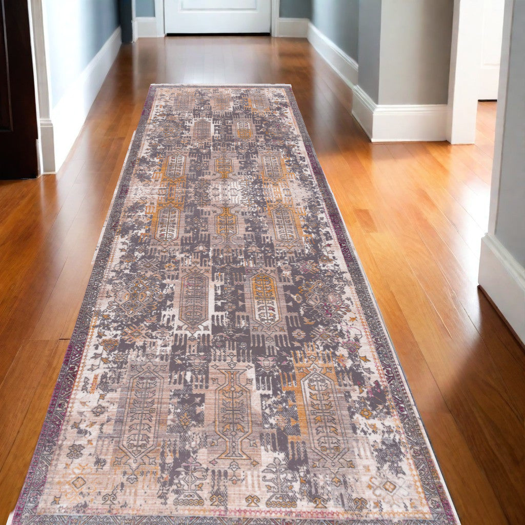 10' Runner Gray and Ivory Oriental Power Loom Runner Rug