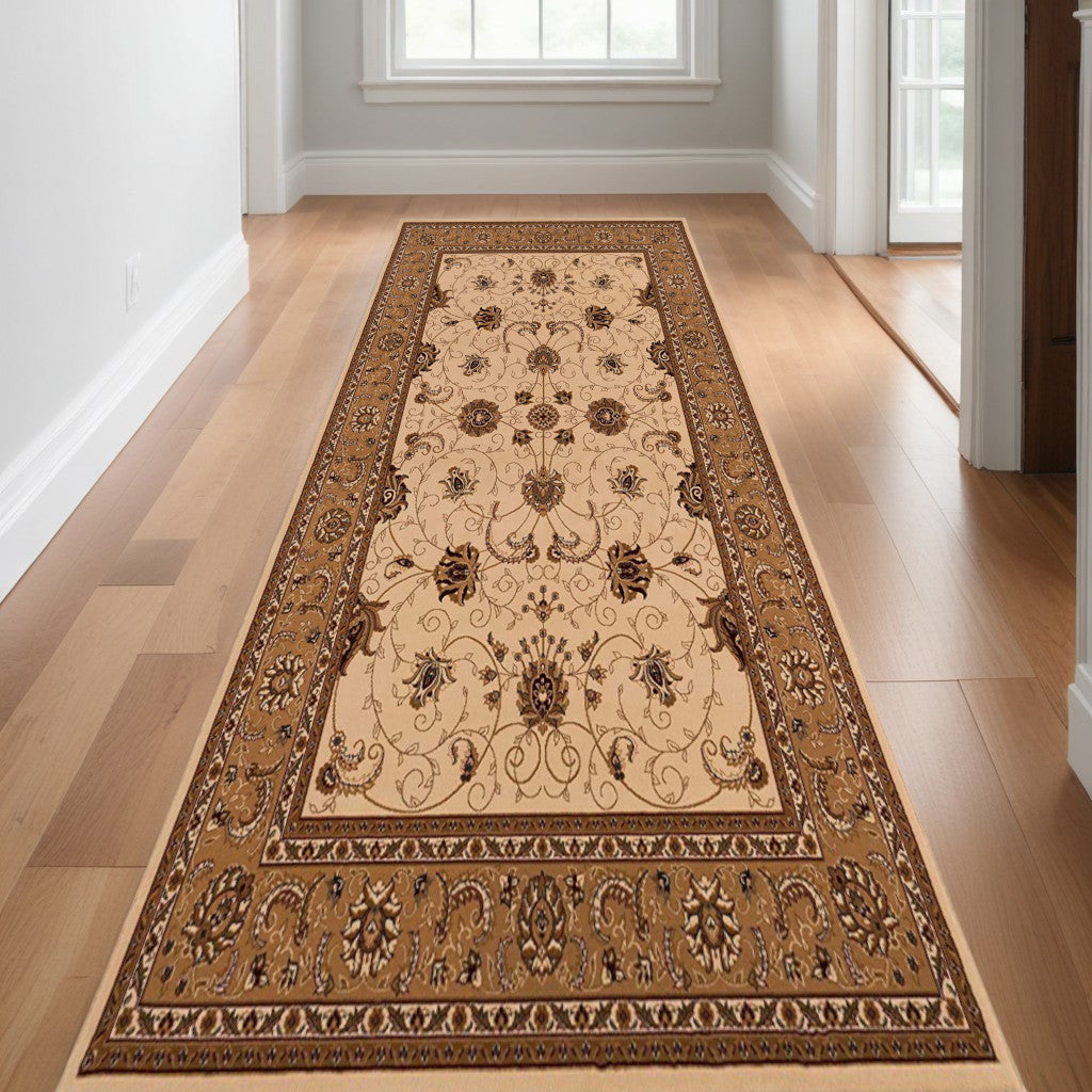 10' Runner Beige and Ivory Oriental Power Loom Runner Rug