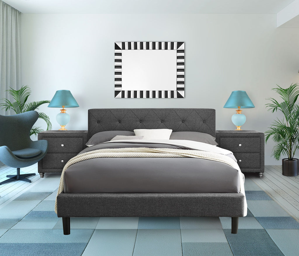 Grey Queen Platform Bed with Two Nightstands