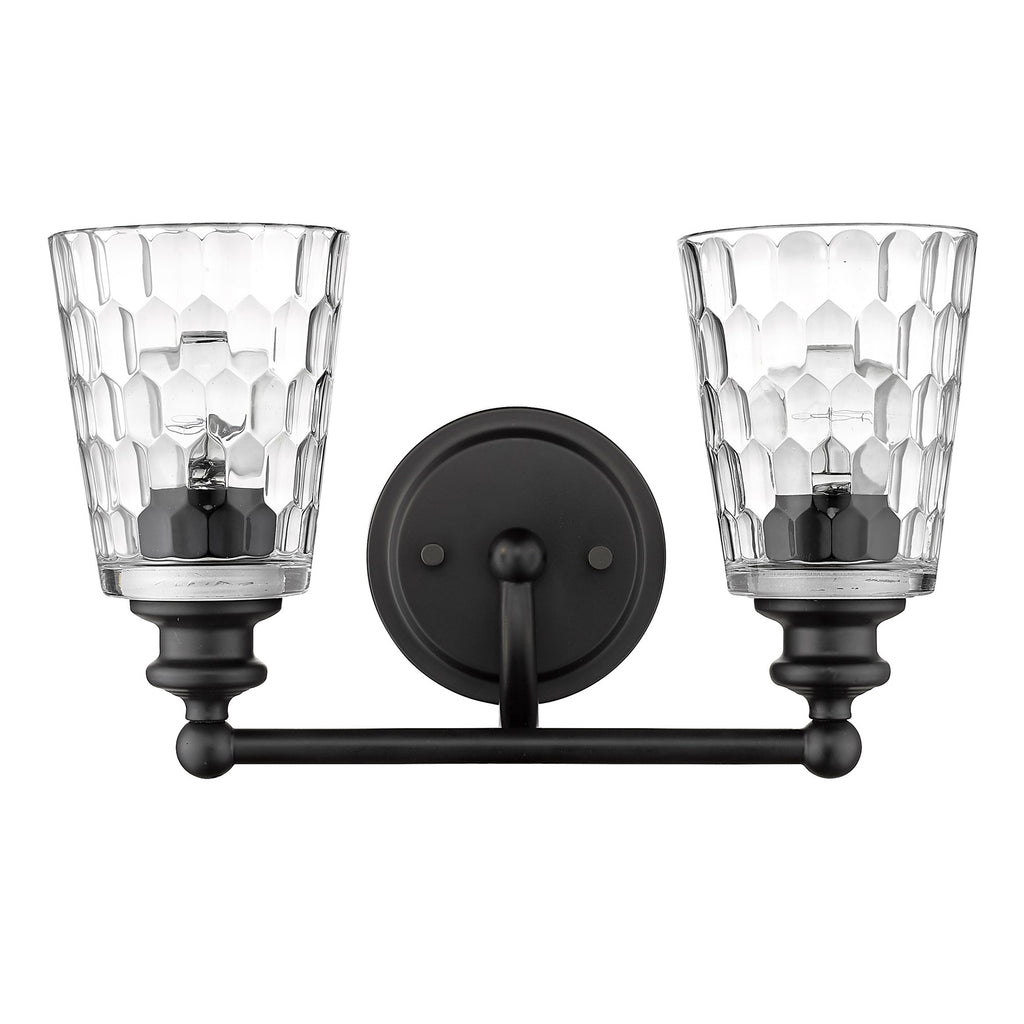 LuxxHomes  Black Metal and Pebbled Glass Two Light Wall Light