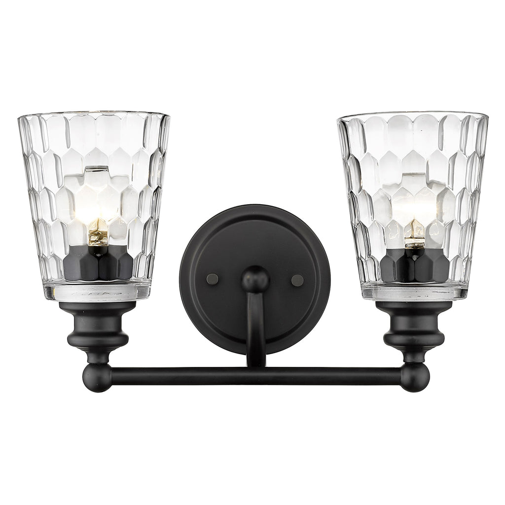 LuxxHomes  Black Metal and Pebbled Glass Two Light Wall Light