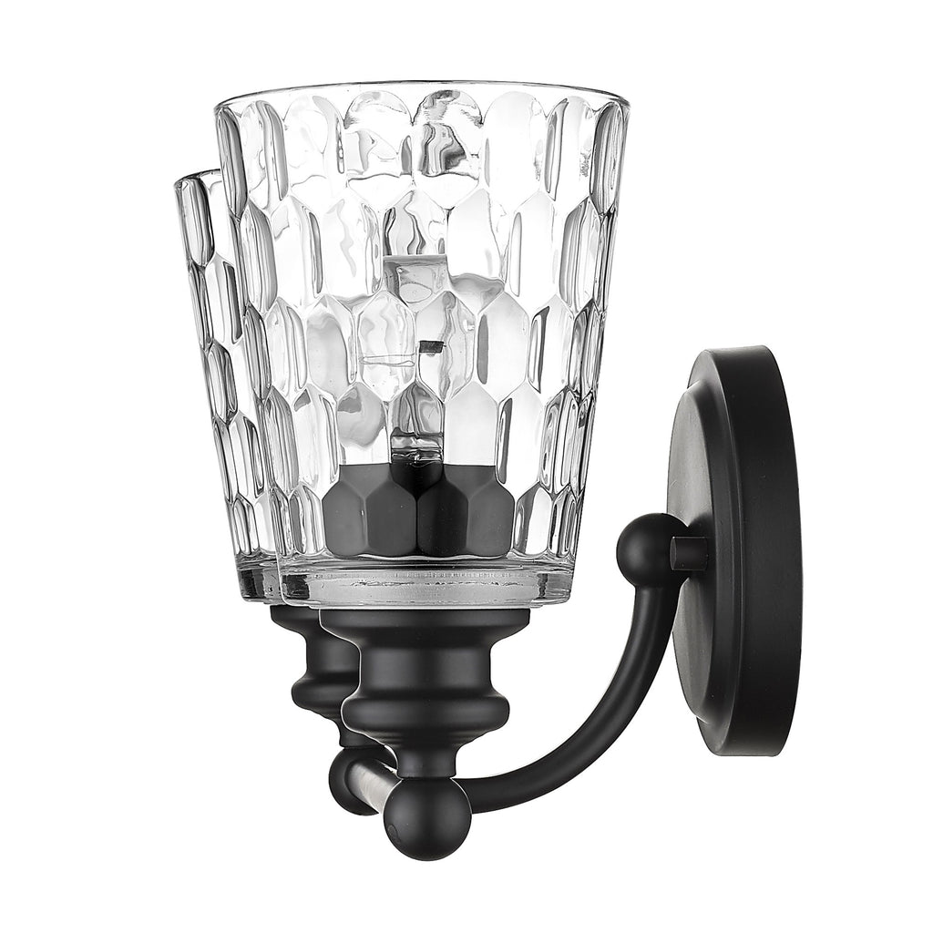 LuxxHomes  Black Metal and Pebbled Glass Two Light Wall Light