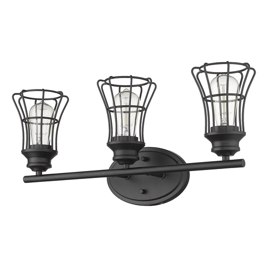 LuxxHomes  Three Light Matte Black Cage Wall Sconce