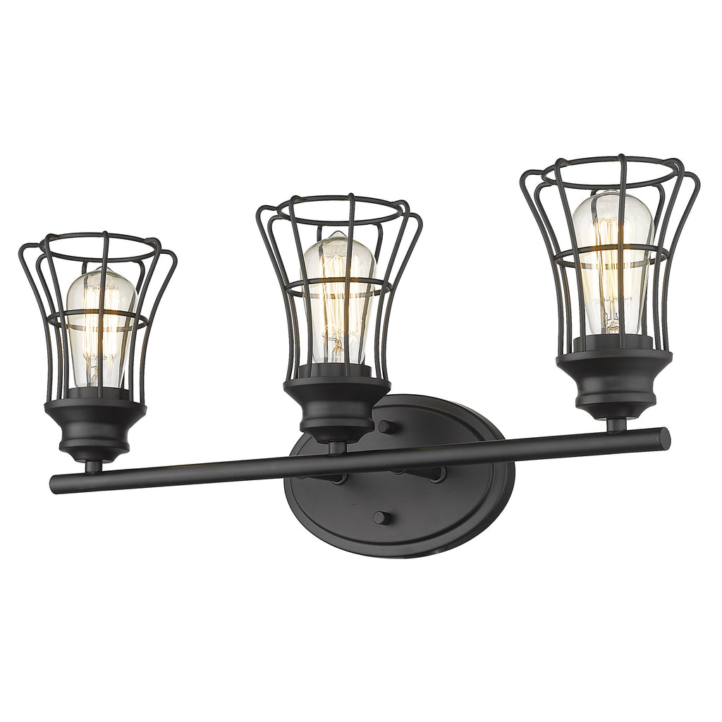 LuxxHomes  Three Light Matte Black Cage Wall Sconce