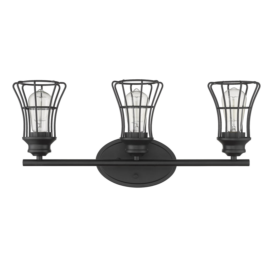 LuxxHomes  Three Light Matte Black Cage Wall Sconce