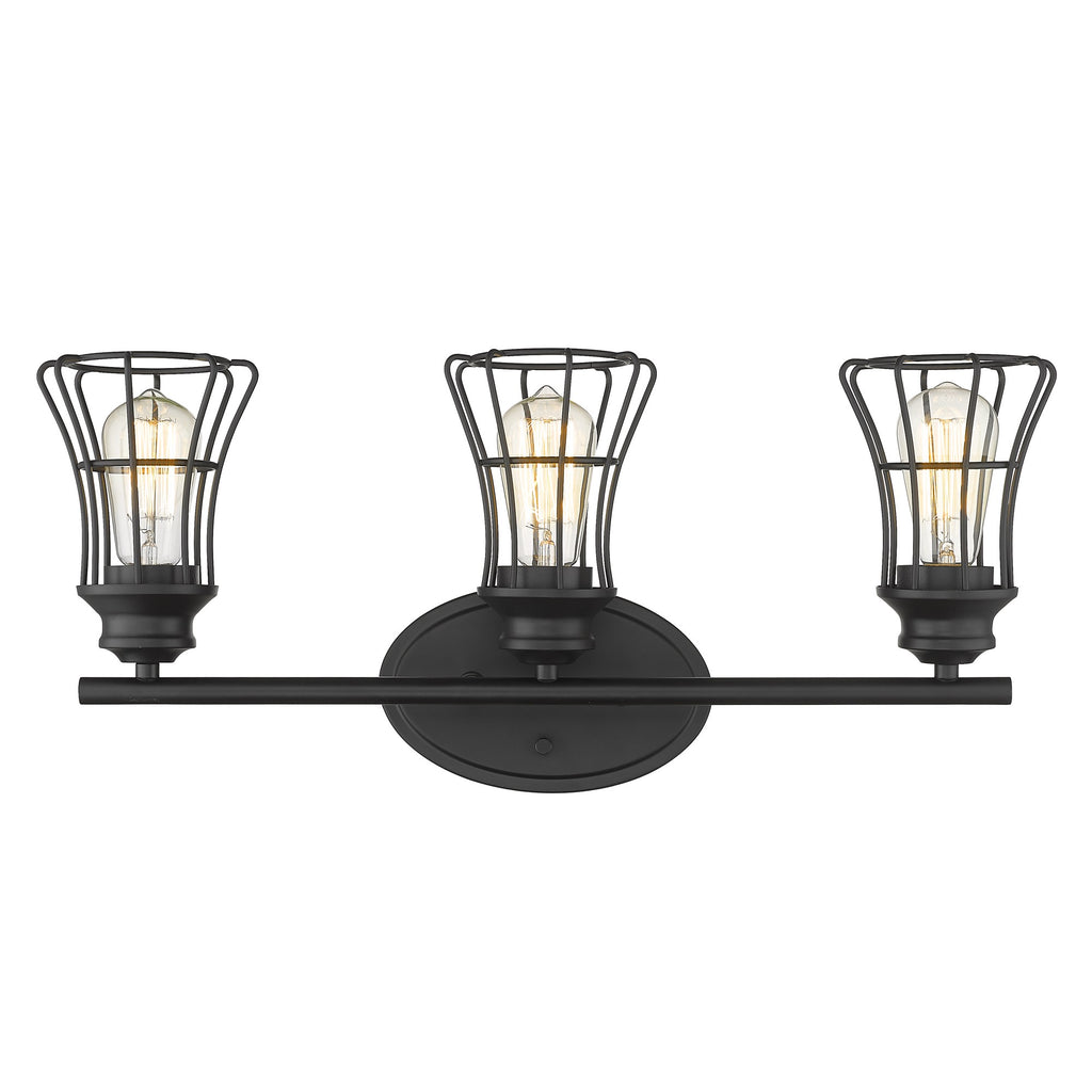 LuxxHomes  Three Light Matte Black Cage Wall Sconce