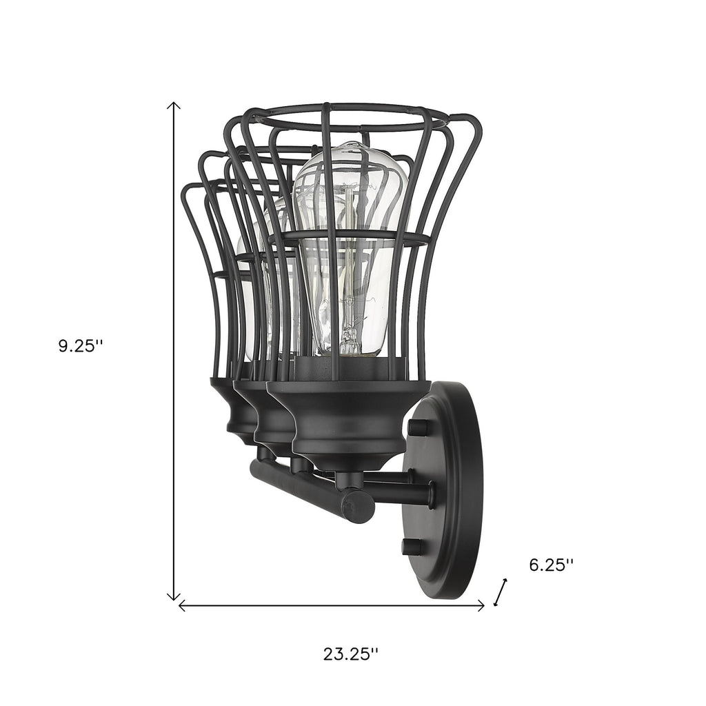 LuxxHomes  Three Light Matte Black Cage Wall Sconce