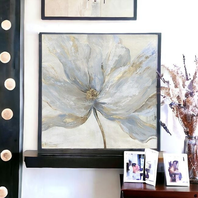 Soft Blue And Grey Flower With Gold Details Unframed Print Wall Art