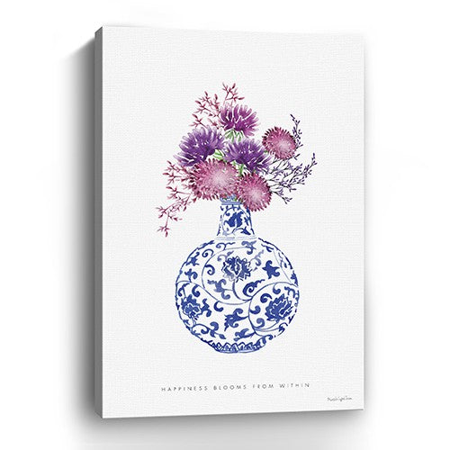 24" x 16" Blue and White Happiness Floral Vase Canvas Wall Art