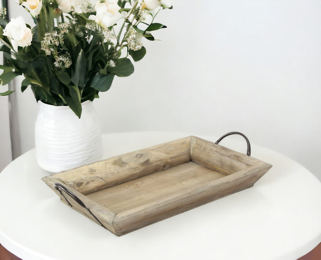 18" Brown Rectangular Solid Wood Indoor Outdoor Serving Tray With Handles