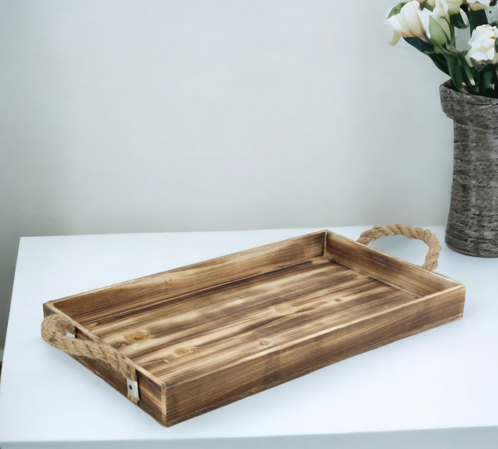 Brown Wooden Tray with Rope Handles