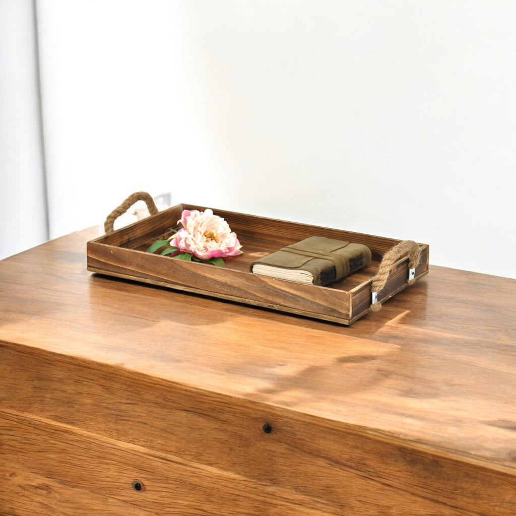 Brown Wooden Tray with Rope Handles