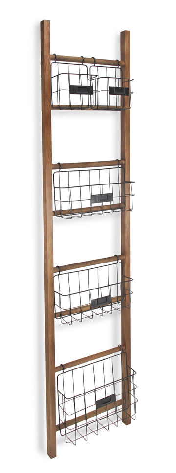 63" Natural and Black Wood And Metal Storage Shelf With Metal Baskets