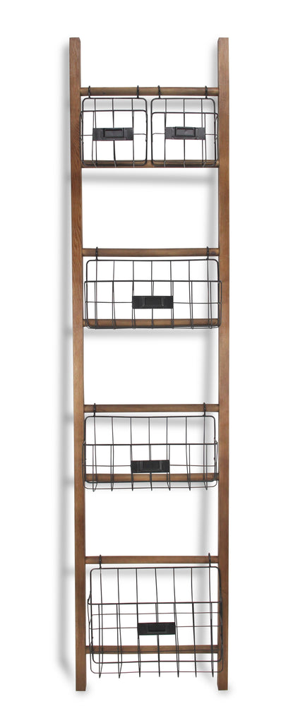 63" Natural and Black Wood And Metal Storage Shelf With Metal Baskets