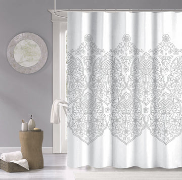 LuxxHomes  Silver Decorative Medallion Shower Curtain