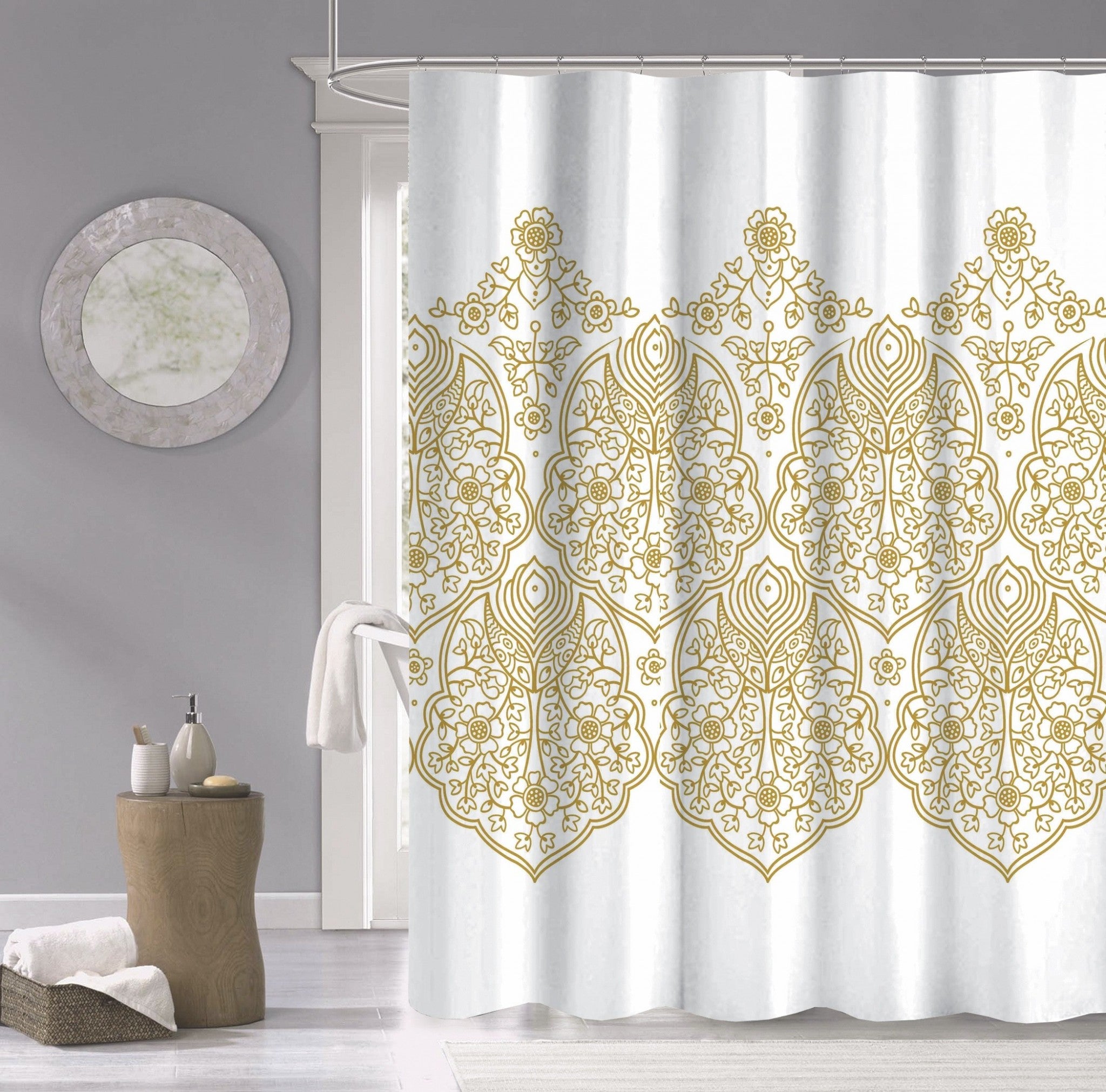 LuxxHomes  Gold Decorative Medallion Shower Curtain