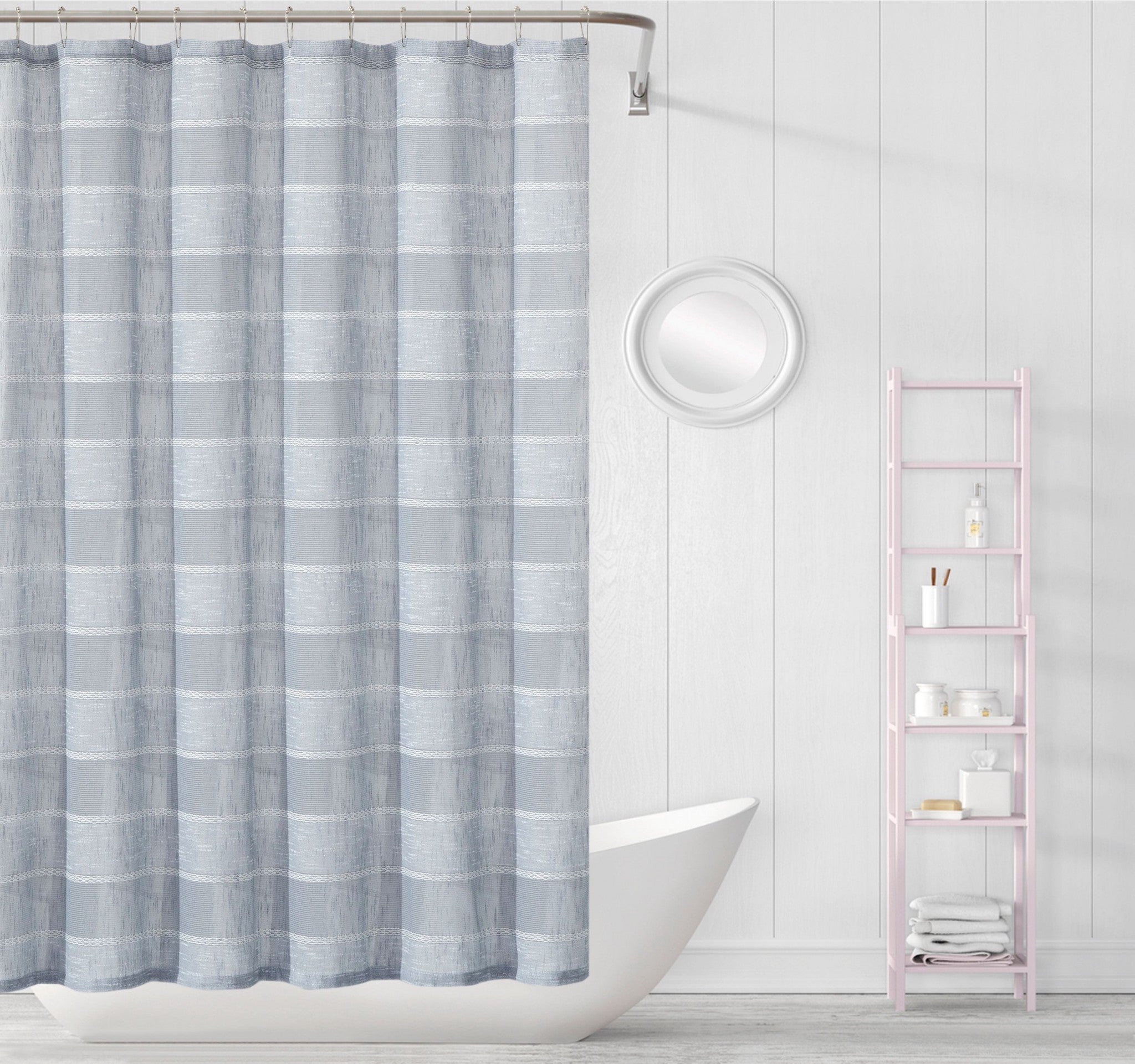 LuxxHomes  Silver Striped Embroidered Shower Curtain