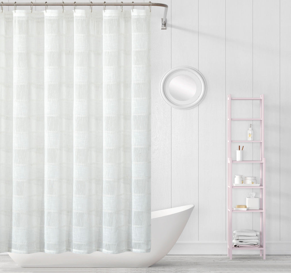 LuxxHomes  White Striped Embroidered Shower Curtain