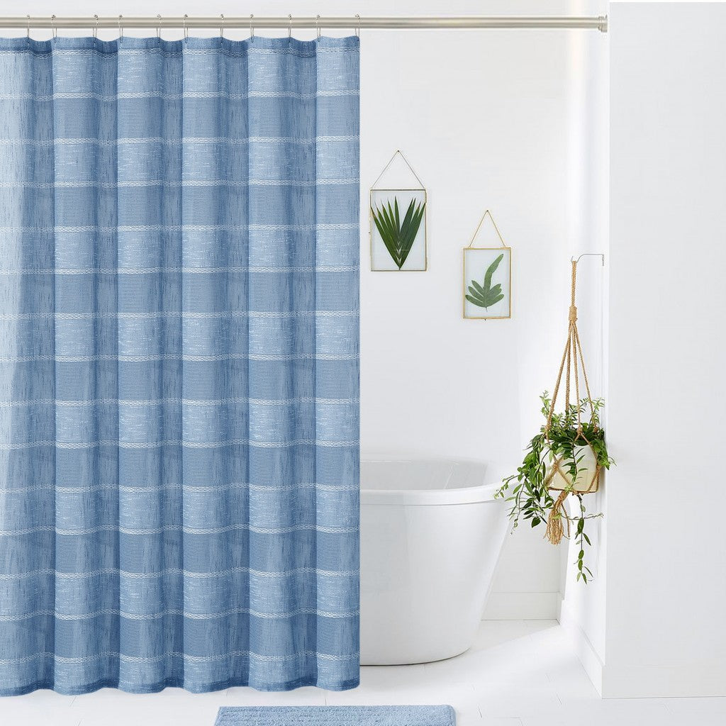 LuxxHomes  Blue Striped Polyester Embroidered Shower Curtain