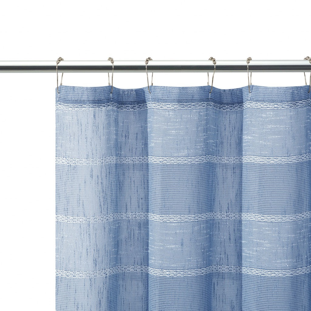 LuxxHomes  Blue Striped Polyester Embroidered Shower Curtain