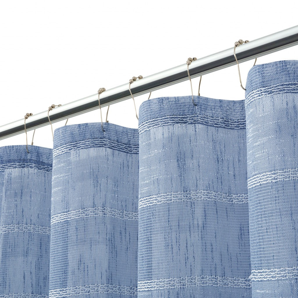 LuxxHomes  Blue Striped Polyester Embroidered Shower Curtain