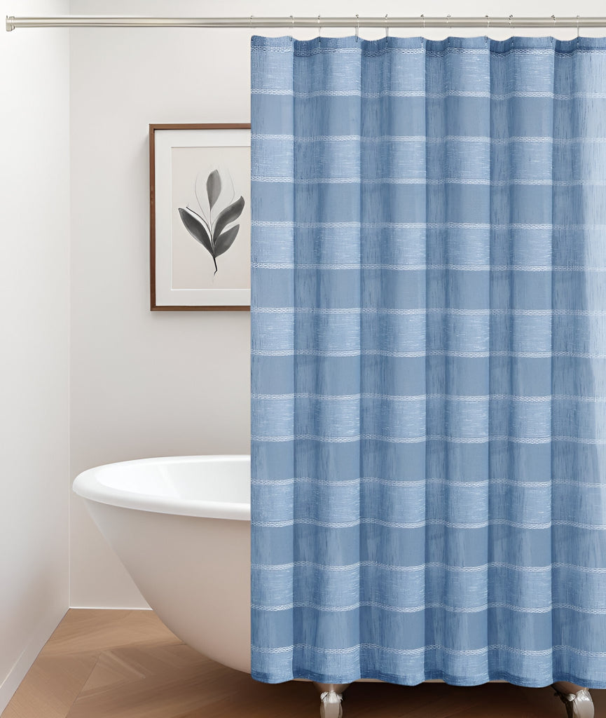 LuxxHomes  Blue Striped Polyester Embroidered Shower Curtain