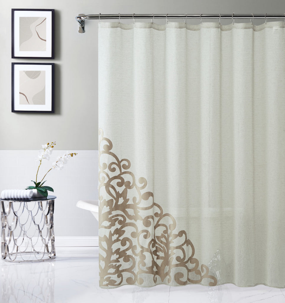 LuxxHomes  Gold Contemporary Velvet Scroll Shower Curtain