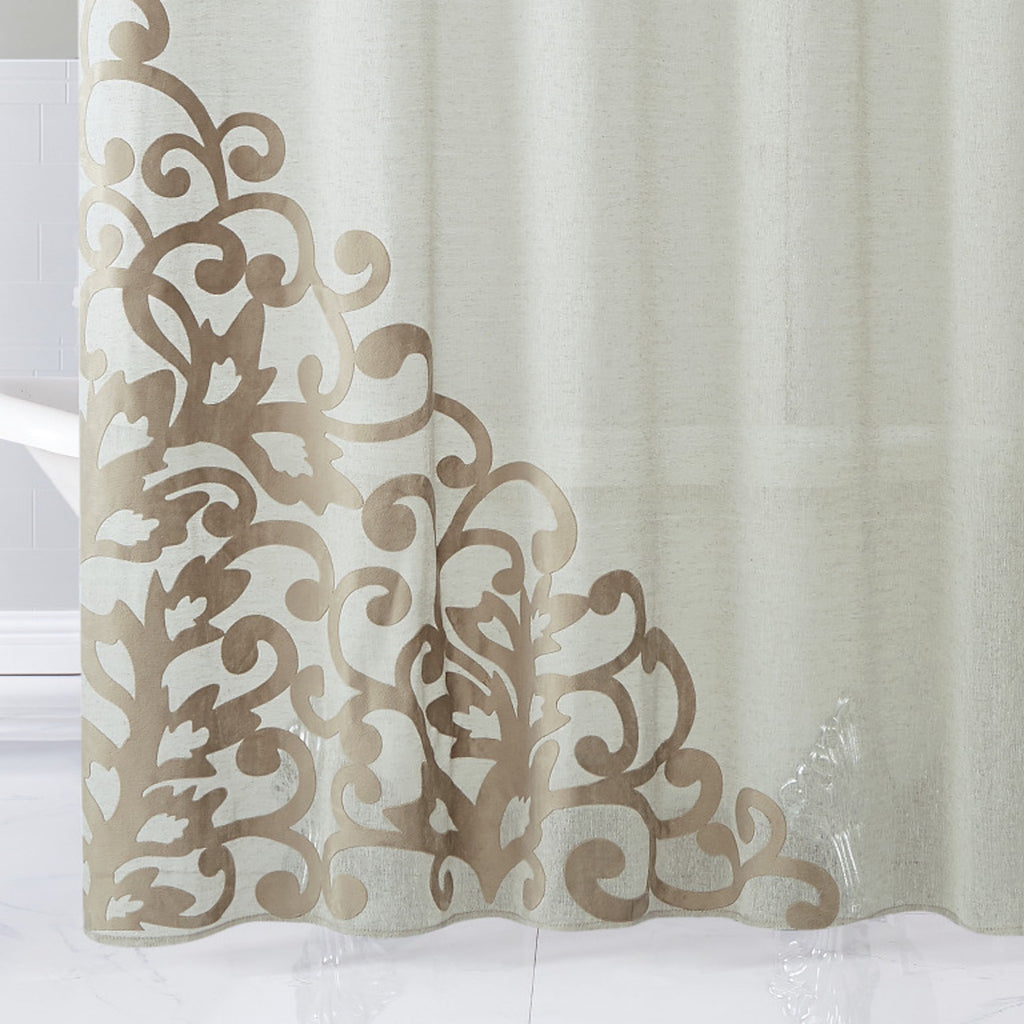 LuxxHomes  Gold Contemporary Velvet Scroll Shower Curtain