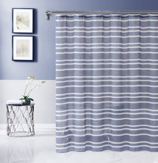 LuxxHomes  Navy and White Striped Shower Curtain