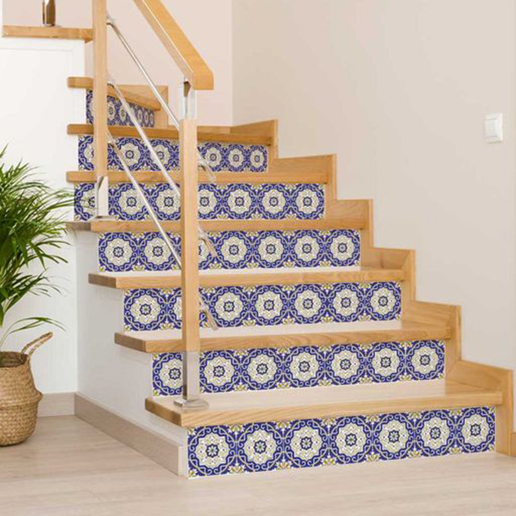 LuxxHomes  4" X 4" Blue White and Gold Mosaic Removable Tiles